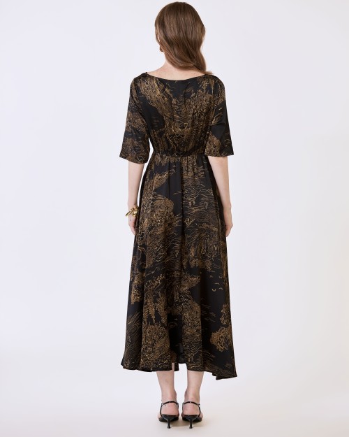 SIXDO G-Black Wide Neck Woven Flared Dress